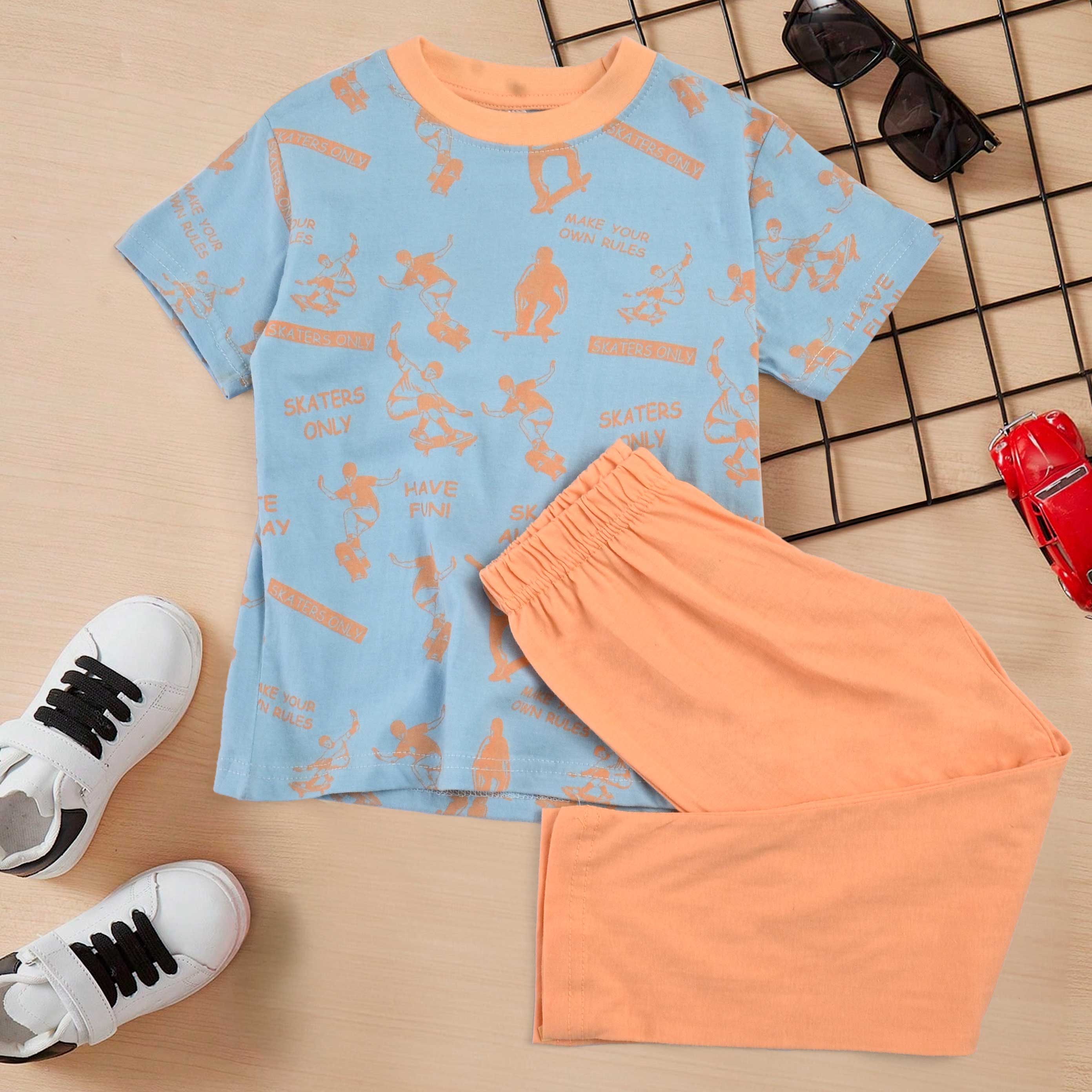 Mango Kid's Skaters Only Printed Twin Set Boys Twin Set First Choice Powder Blue & Orange (92) 1-1.5 Years 