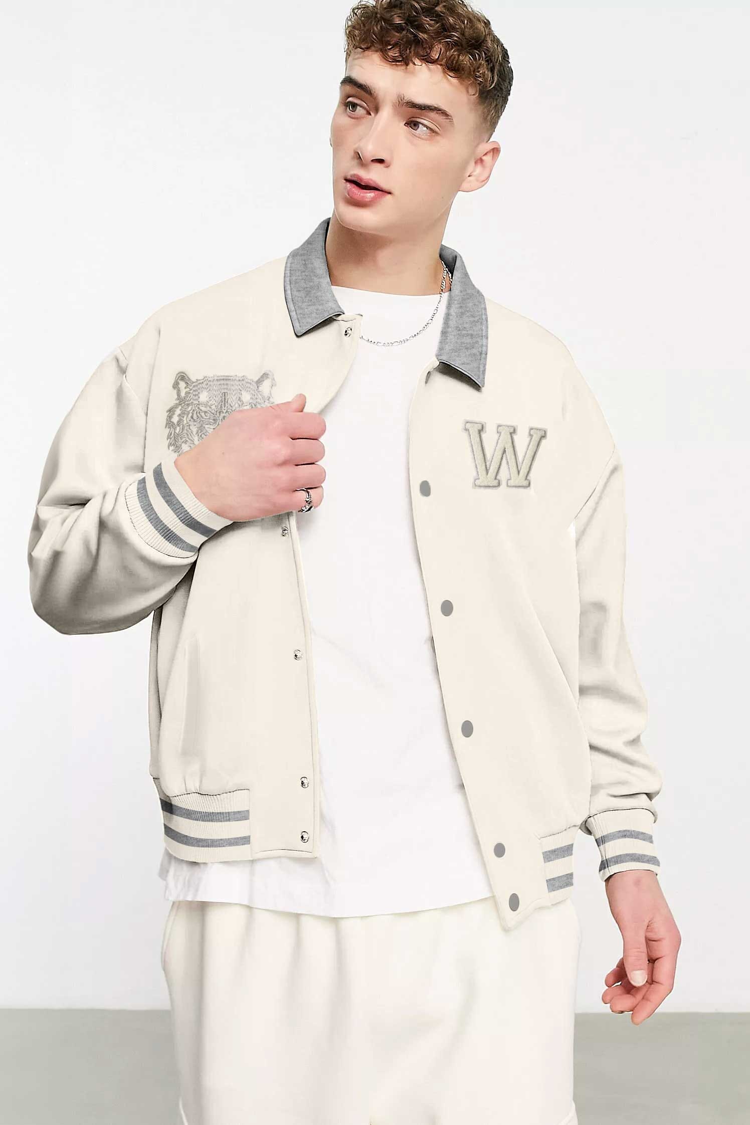 Primark Unisex Tiger Embroidered Reflective Stripes Baseball Varsity Fleece Jacket Men's Jacket HAS Apparel 