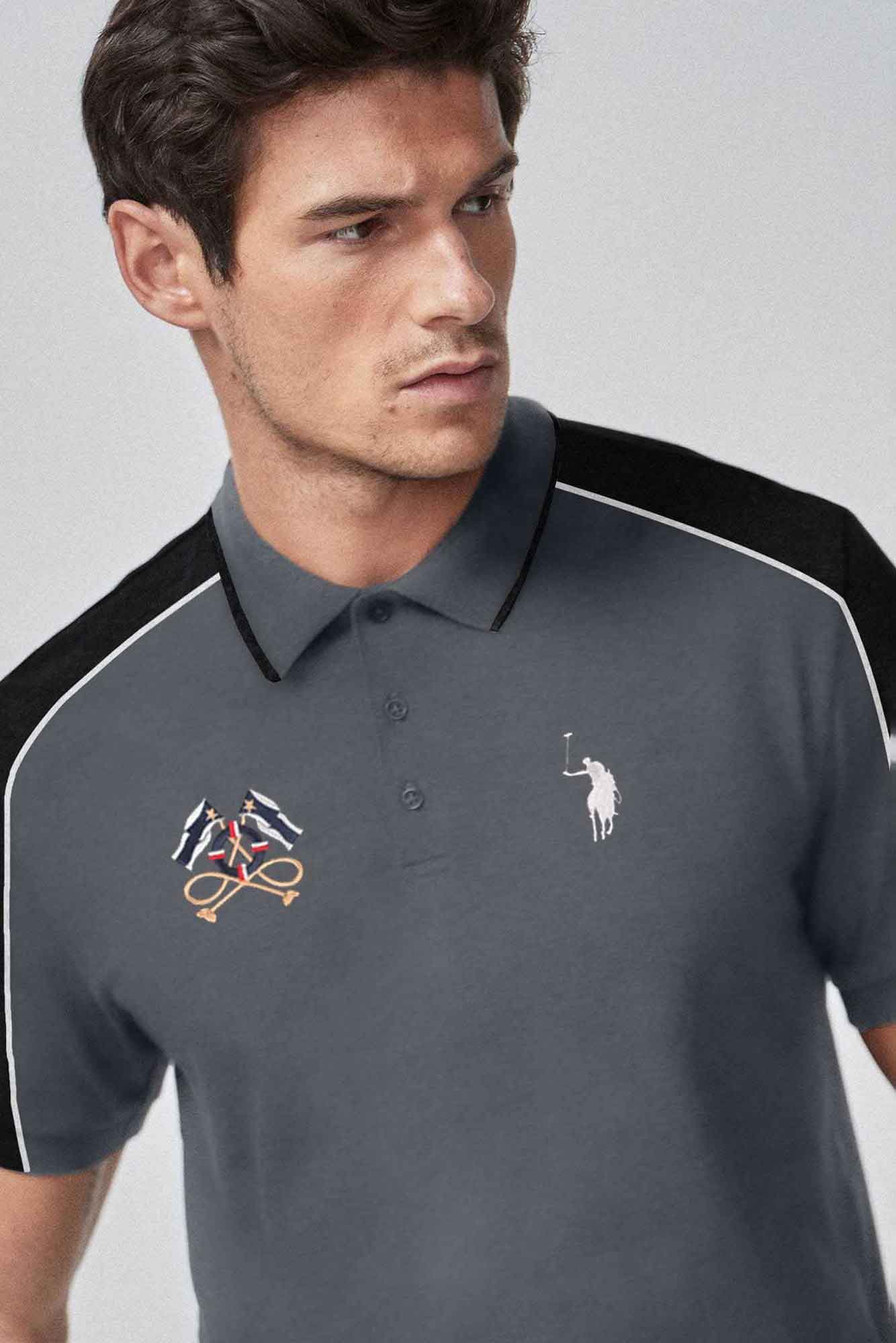 Polo Republica Men's Signature Pony & Flags Embroidered Contrast Panels Polo Shirt