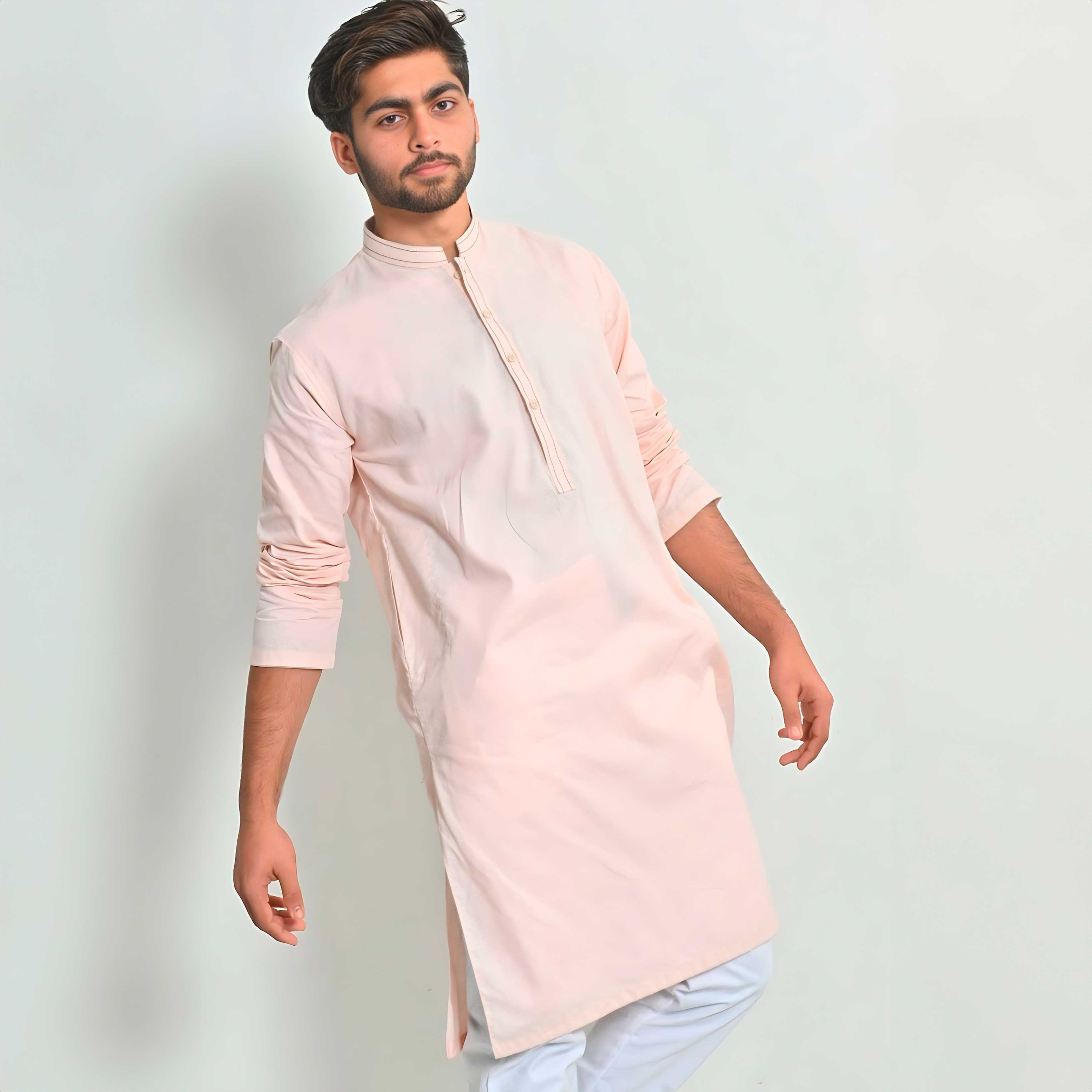 Hud Hud Men's Herstal Mandarin Collar Stitched Kurta Men's Kurta MHJ Peach S 