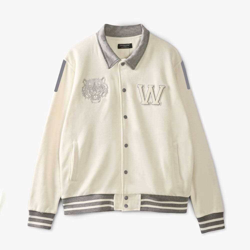 Primark Unisex Tiger Embroidered Reflective Stripes Baseball Varsity Fleece Jacket Men's Jacket HAS Apparel (Off White)D6 XS 