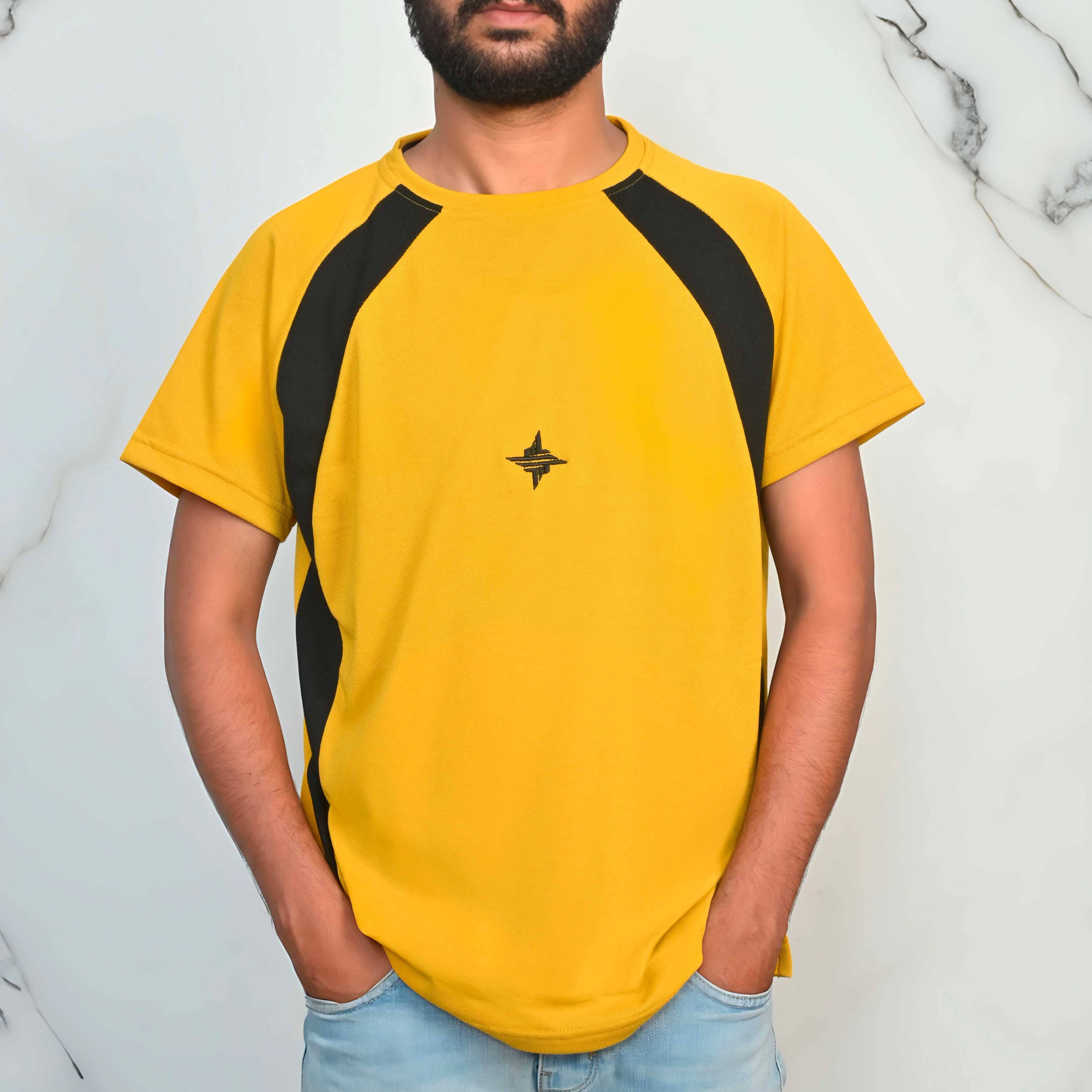 Men's Contrast Style Raglan Sleeve Logo Embroidered Tee Shirt Men's Tee Shirt IBT Yellow & Black S 