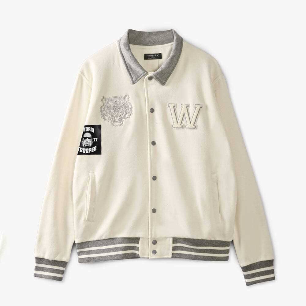 Primark Unisex Tiger Embroidered Reflective Stripes Baseball Varsity Fleece Jacket Men's Jacket HAS Apparel (Off White)D7 M 
