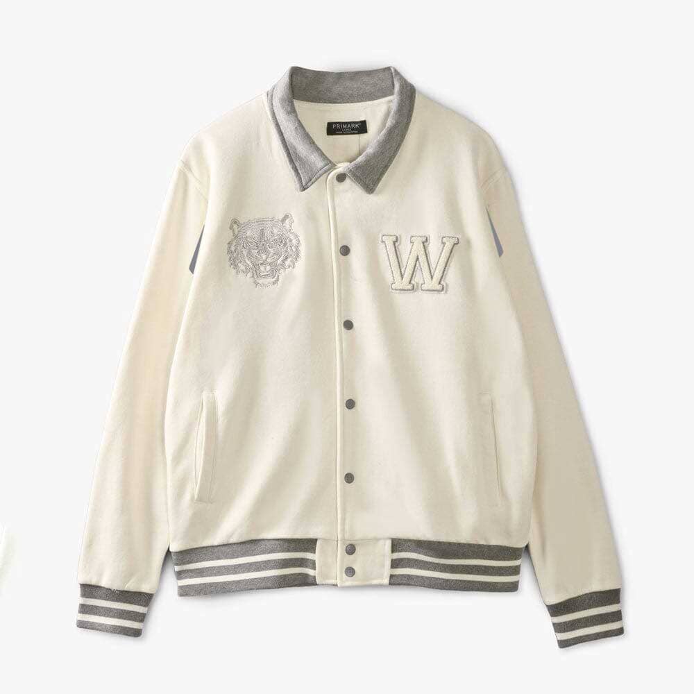 Primark Unisex Tiger Embroidered Reflective Stripes Baseball Varsity Fleece Jacket Men's Jacket HAS Apparel (Off White)D2 XS 