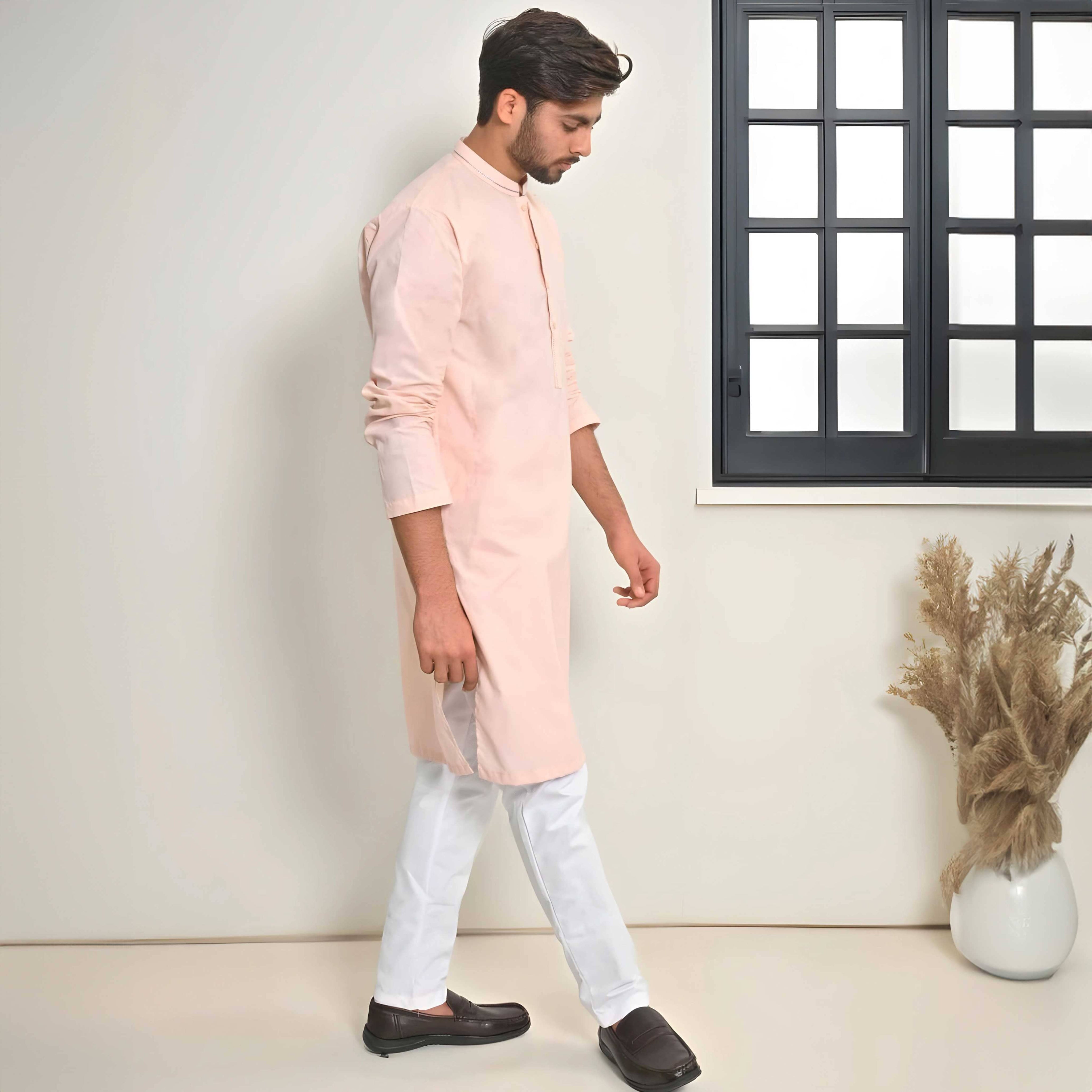 Hud Hud Men's Verviers Mandarin Collar Stitched Kurta Men's Kurta MHJ Peach S 
