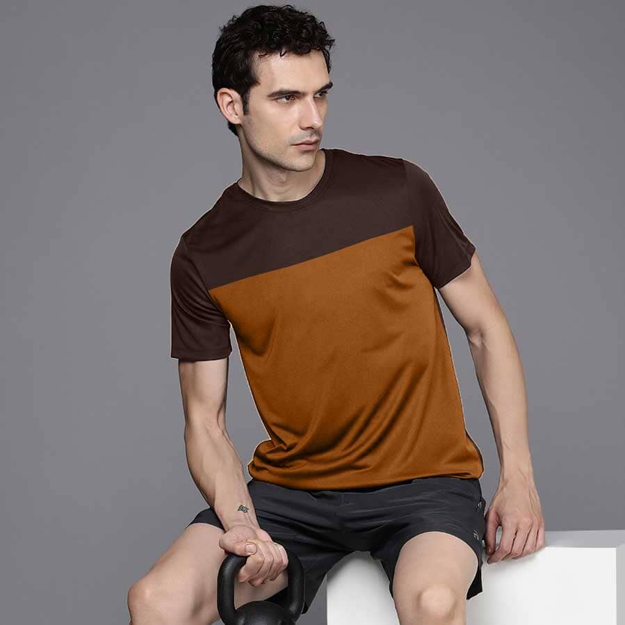 Men's Contrast Panel Style Crew Neck Tee Shirt Men's Tee Shirt IBT Brown & Mustard S 
