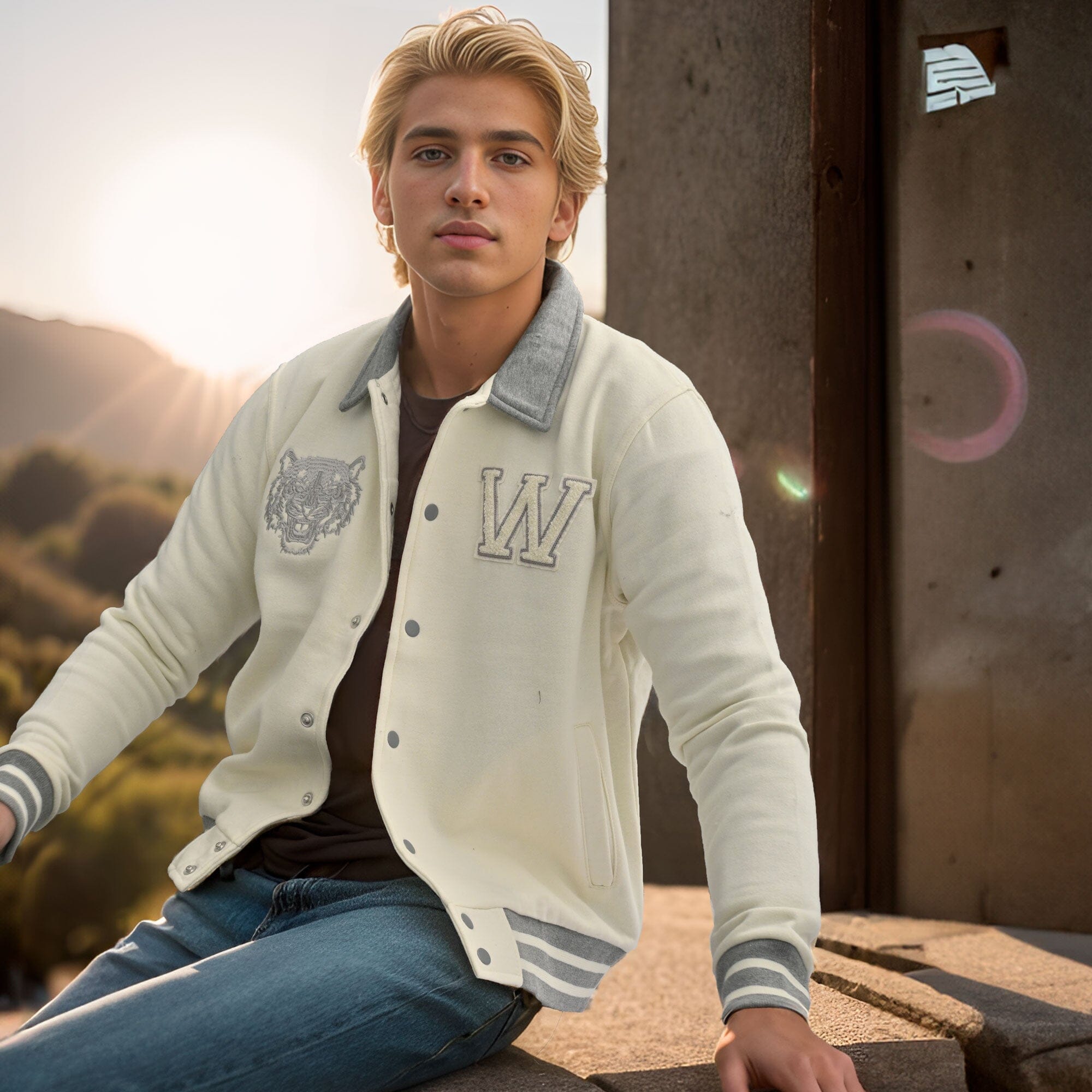 Primark Unisex Tiger Embroidered Reflective Stripes Baseball Varsity Fleece Jacket Men's Jacket HAS Apparel 