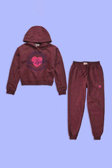 Love Lyallpur Girl's Heart Printed Fleece Hooded Crop Top Suit