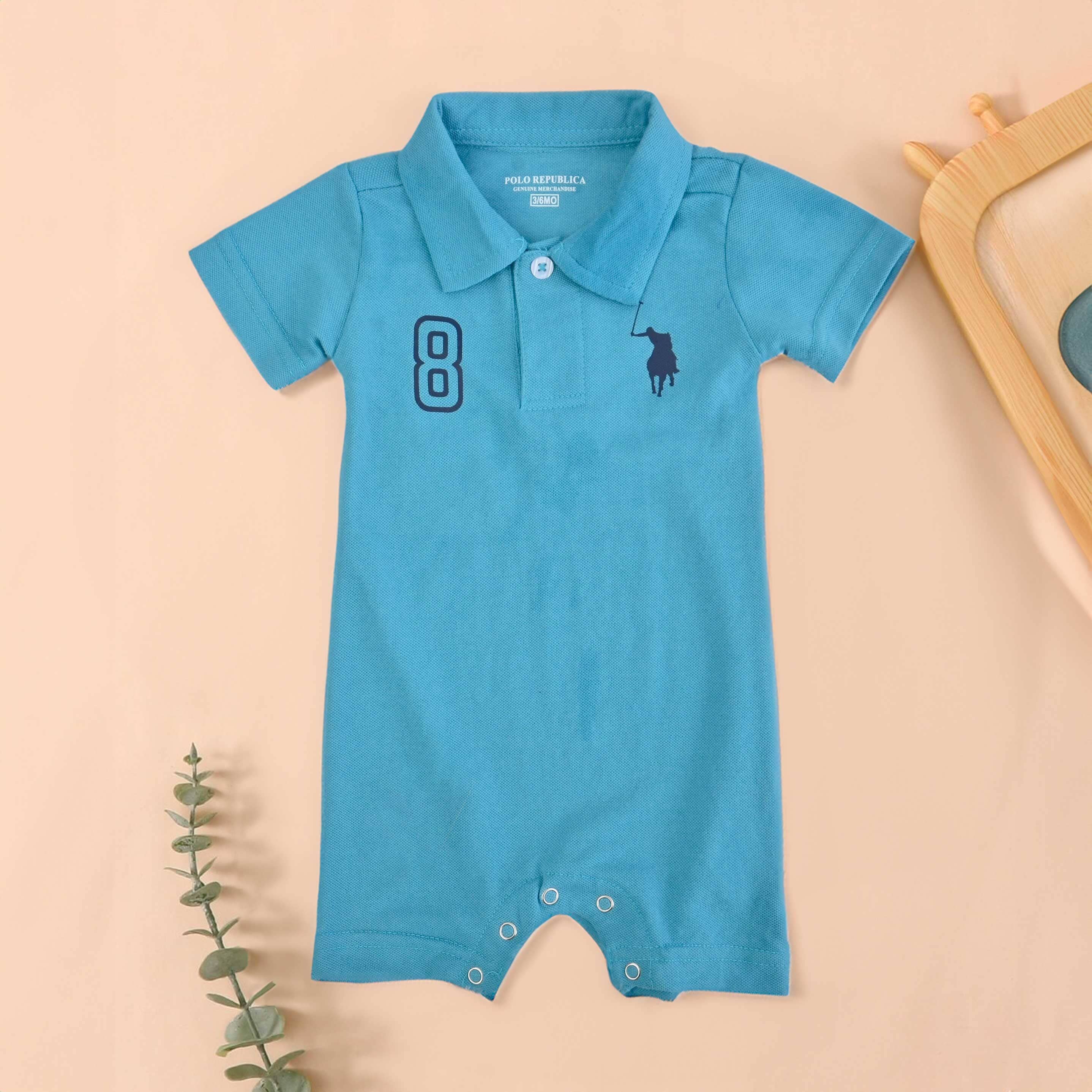 Polo Republica Signature Pony & 8 Printed Short Sleeve Baby Romper Romper Polo Republica Aqua Blue 0-3 Months 