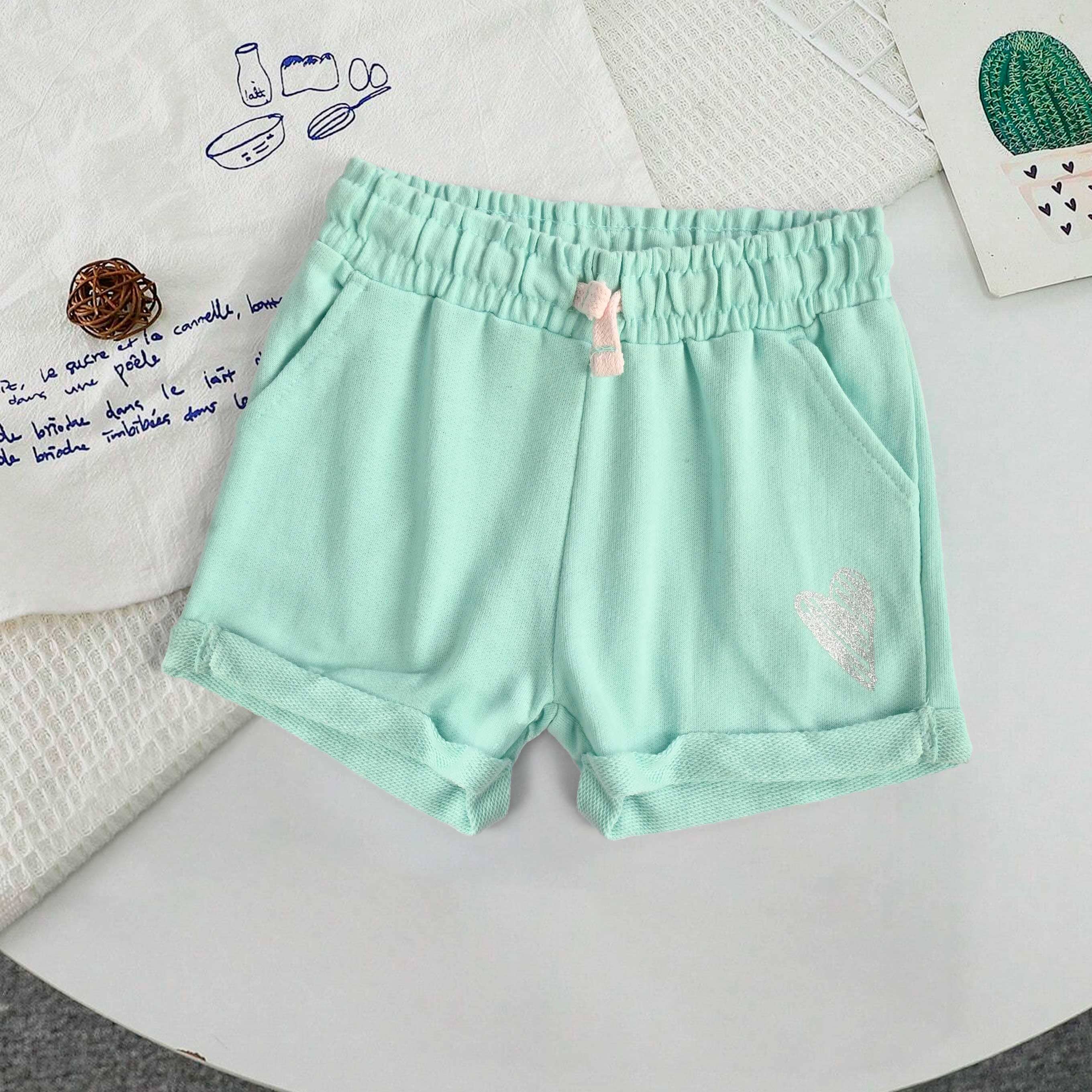 Tessential Kid's Glitter Heart Printed Minor Fault Terry Shorts Kid's Shorts SNR Turquoise (104)-1-2 Years 
