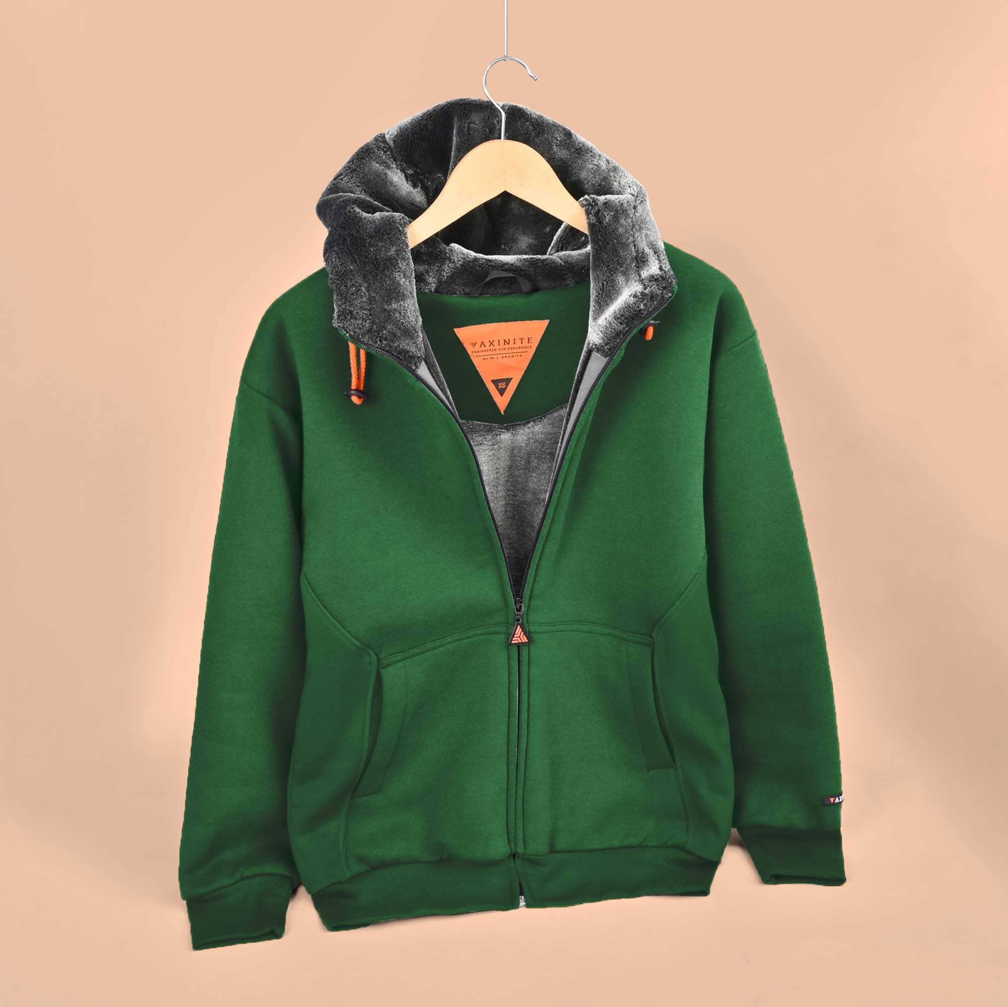 Axinite Men's Sherpa Fleece Minor Fault Zipper Hoodie Minor Fault Image Bottle Green Fur XS 
