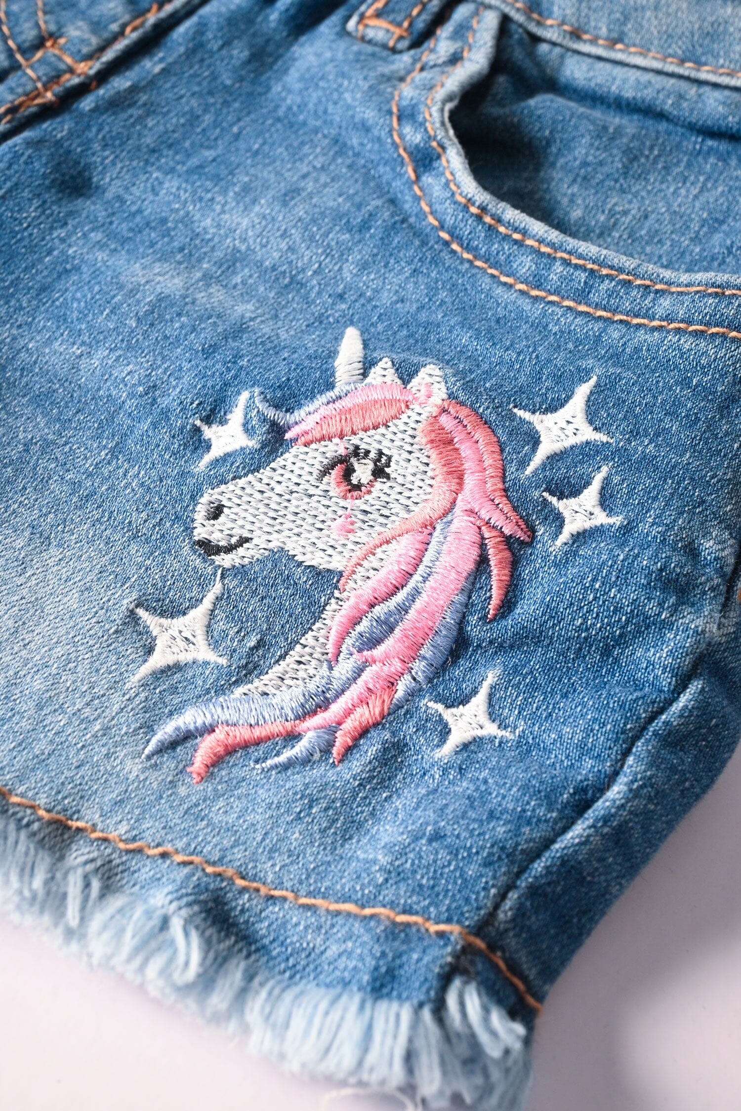 Bluezoo Girl's Unicorn Embroidered Distressed Denim Shorts Girl's Shorts HAS Apparel 