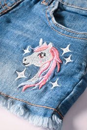 Bluezoo Girl's Unicorn Embroidered Distressed Denim Shorts Girl's Shorts HAS Apparel 