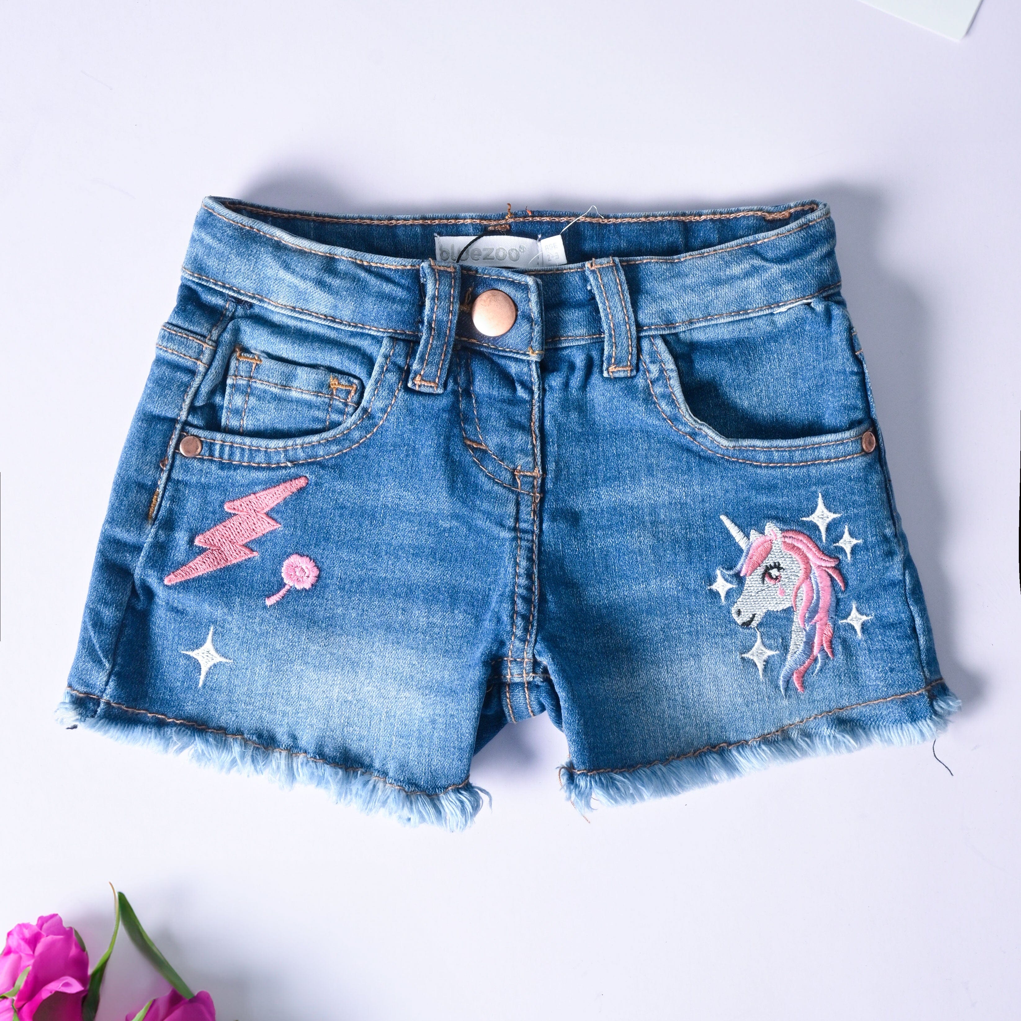 Bluezoo Girl's Unicorn Embroidered Distressed Denim Shorts Girl's Shorts HAS Apparel Blue 12-18 Months 