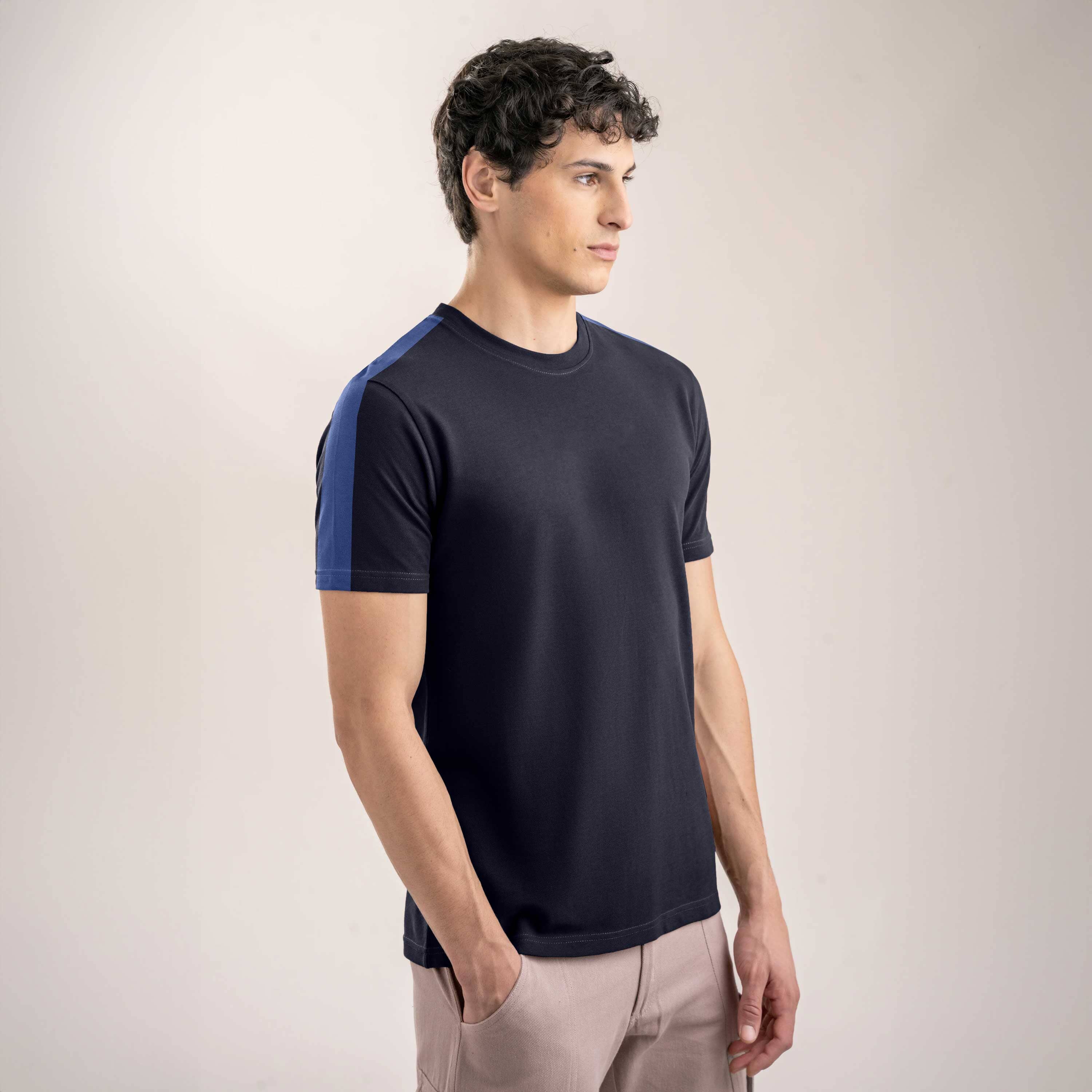 Men's Shoulder Stripes Style Crew Neck Tee Shirt Men's Tee Shirt IBT Navy & Blue S 