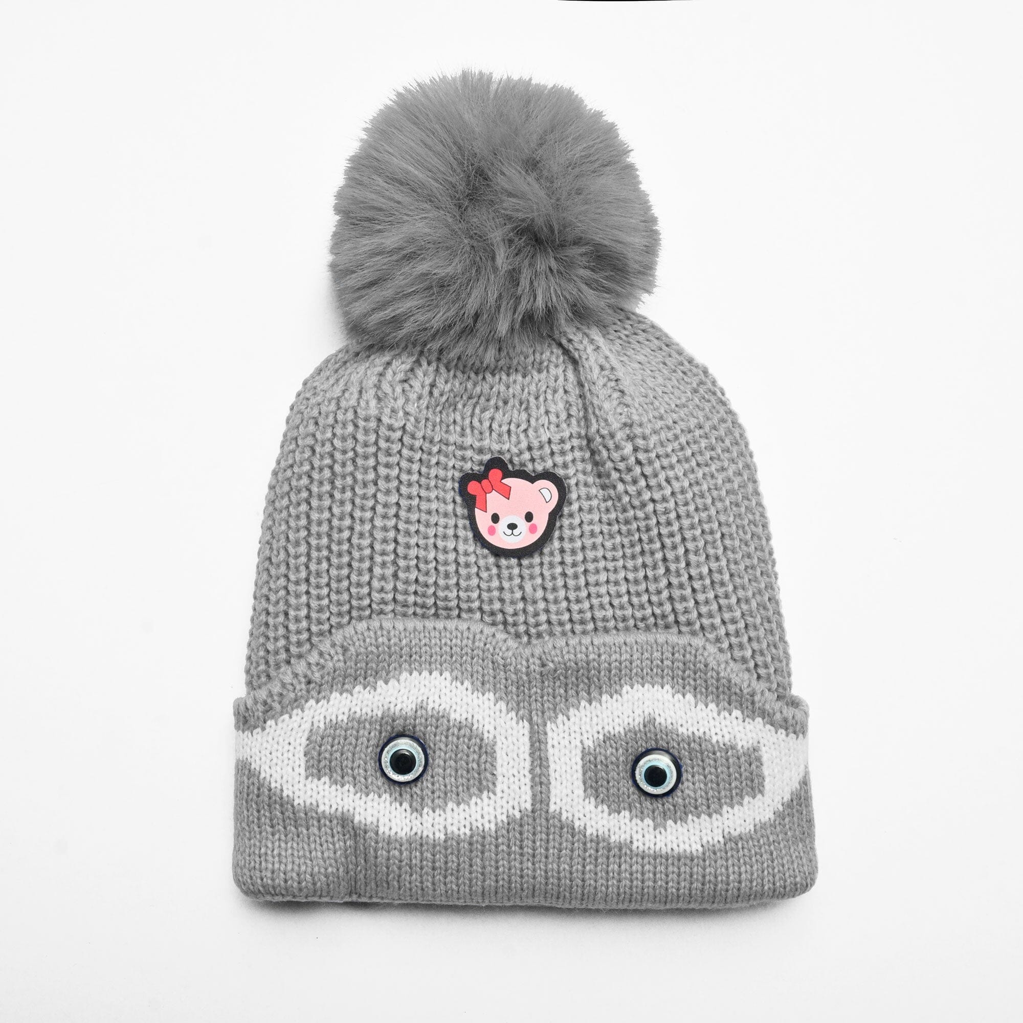 Kid's Pom Pom Fur Beanie Cap Cap SRL Grey 