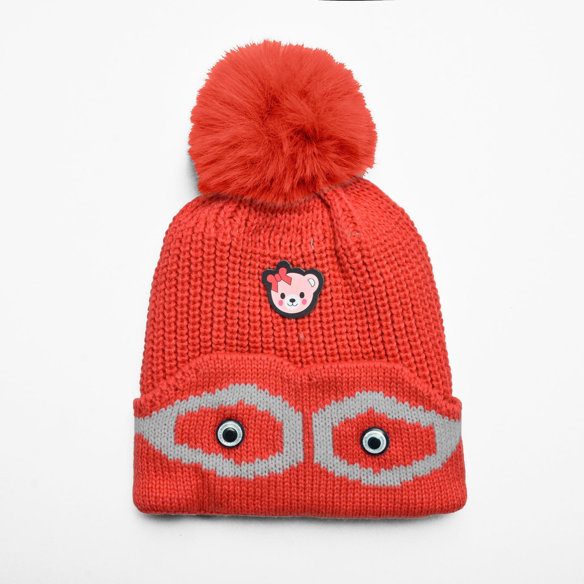 Kid's Pom Pom Fur Beanie Cap Cap SRL Red 
