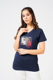 BDY Women Let Him Talk Printed V- Neck Tee Shirt Women's Tee Shirt Image Navy XS 