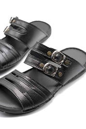 Men's Buckle Straps Leather Slippers