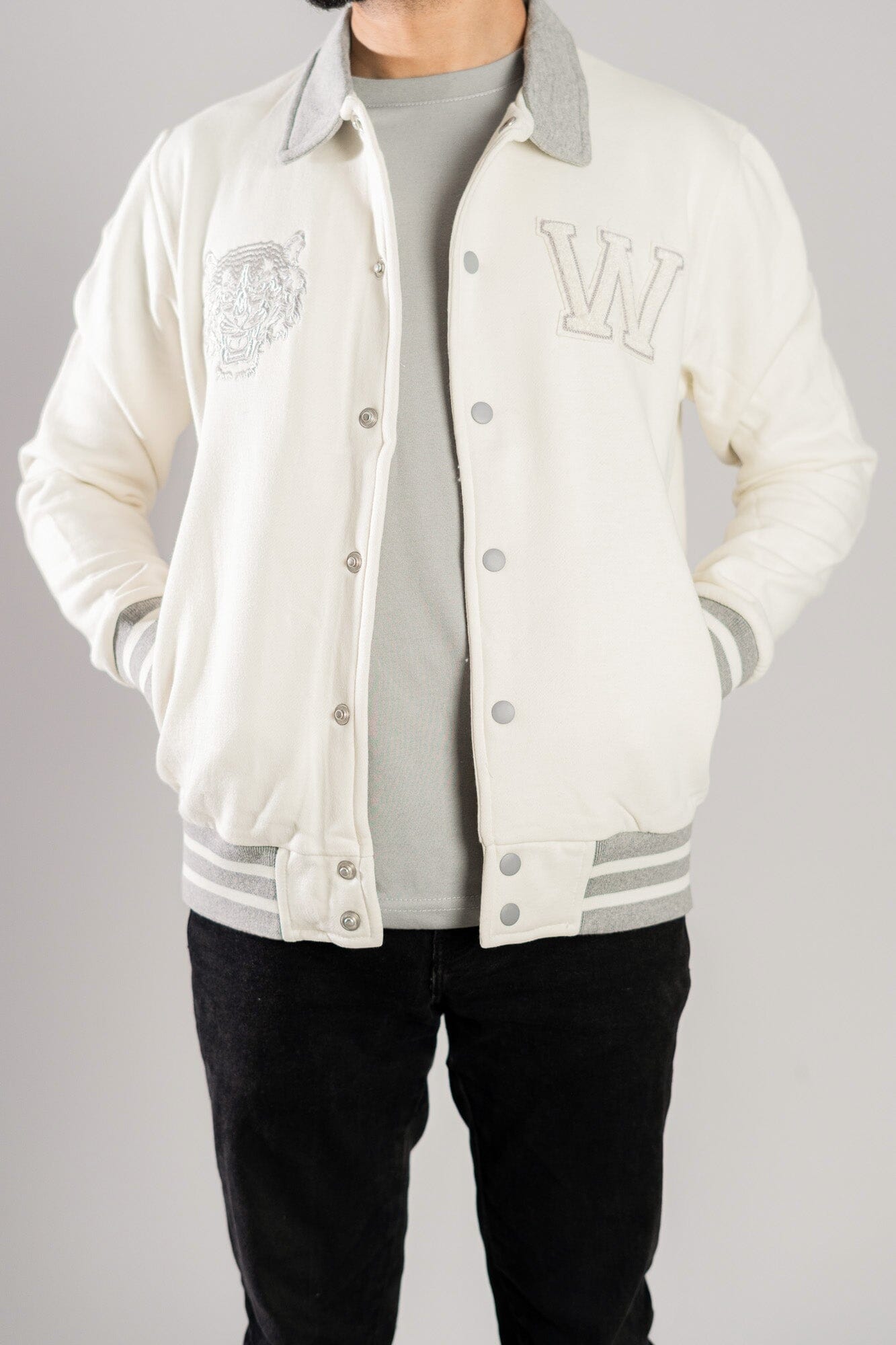 Primark Unisex Tiger Embroidered Reflective Stripes Baseball Varsity Fleece Jacket Men's Jacket HAS Apparel 