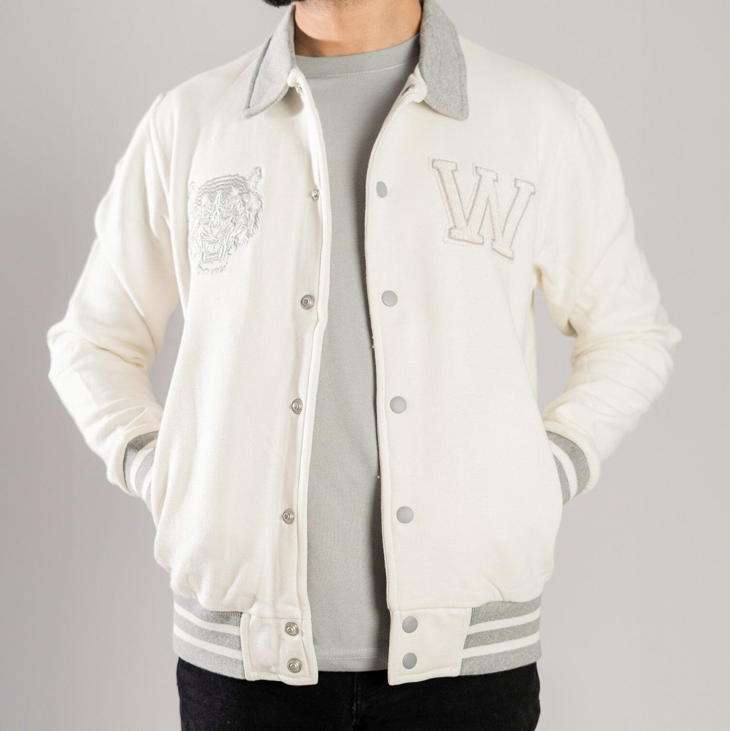 Primark Unisex Tiger Embroidered Reflective Stripes Baseball Varsity Fleece Jacket Men's Jacket HAS Apparel 