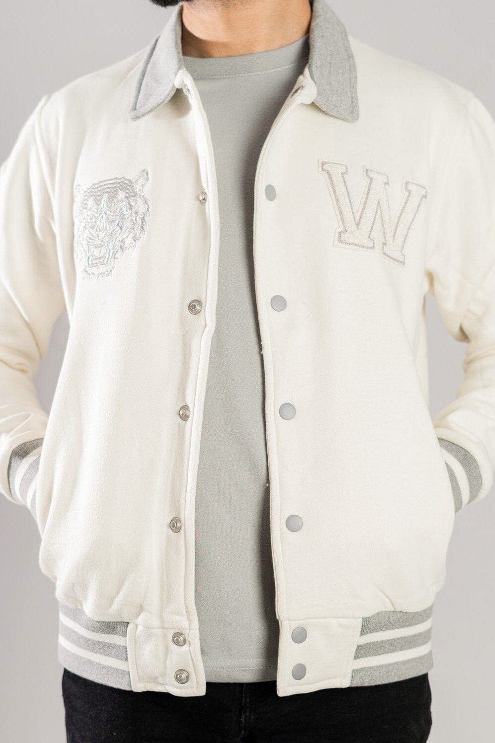 Primark Unisex Tiger Embroidered Baseball Varsity Fleece Jacket Men's Jacket HAS Apparel Off White XS 