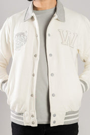 Primark Unisex Tiger Embroidered Baseball Varsity Fleece Jacket Men's Jacket HAS Apparel Off White XS 
