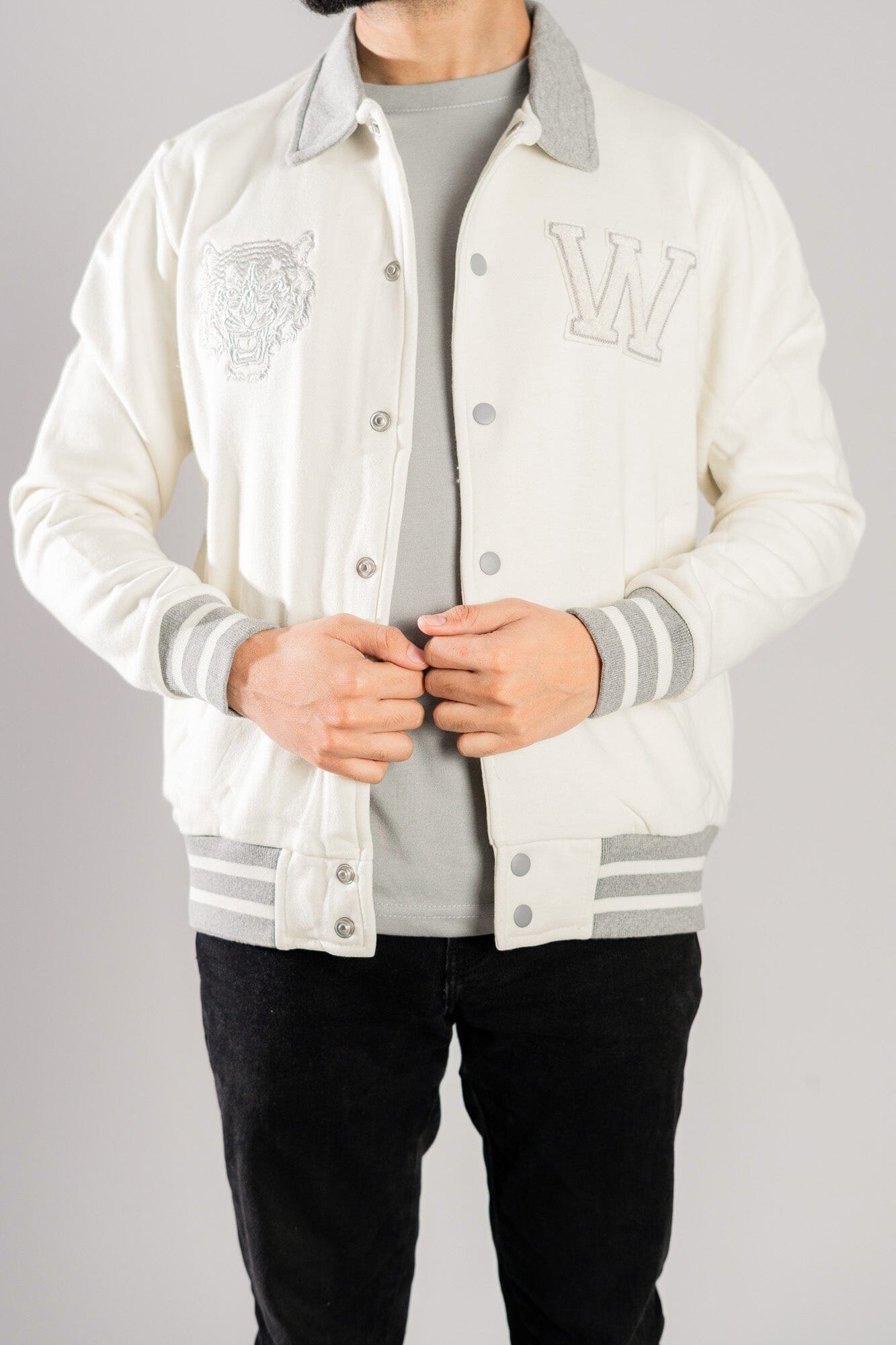 Primark Unisex Tiger Embroidered Reflective Stripes Baseball Varsity Fleece Jacket Men's Jacket HAS Apparel 