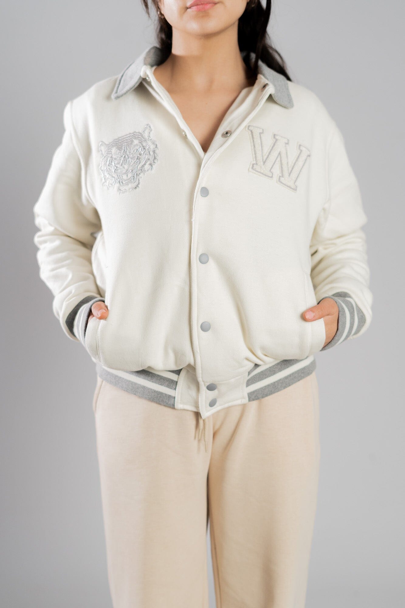 Primark Unisex Tiger Embroidered Reflective Stripes Baseball Varsity Fleece Jacket Men's Jacket HAS Apparel 