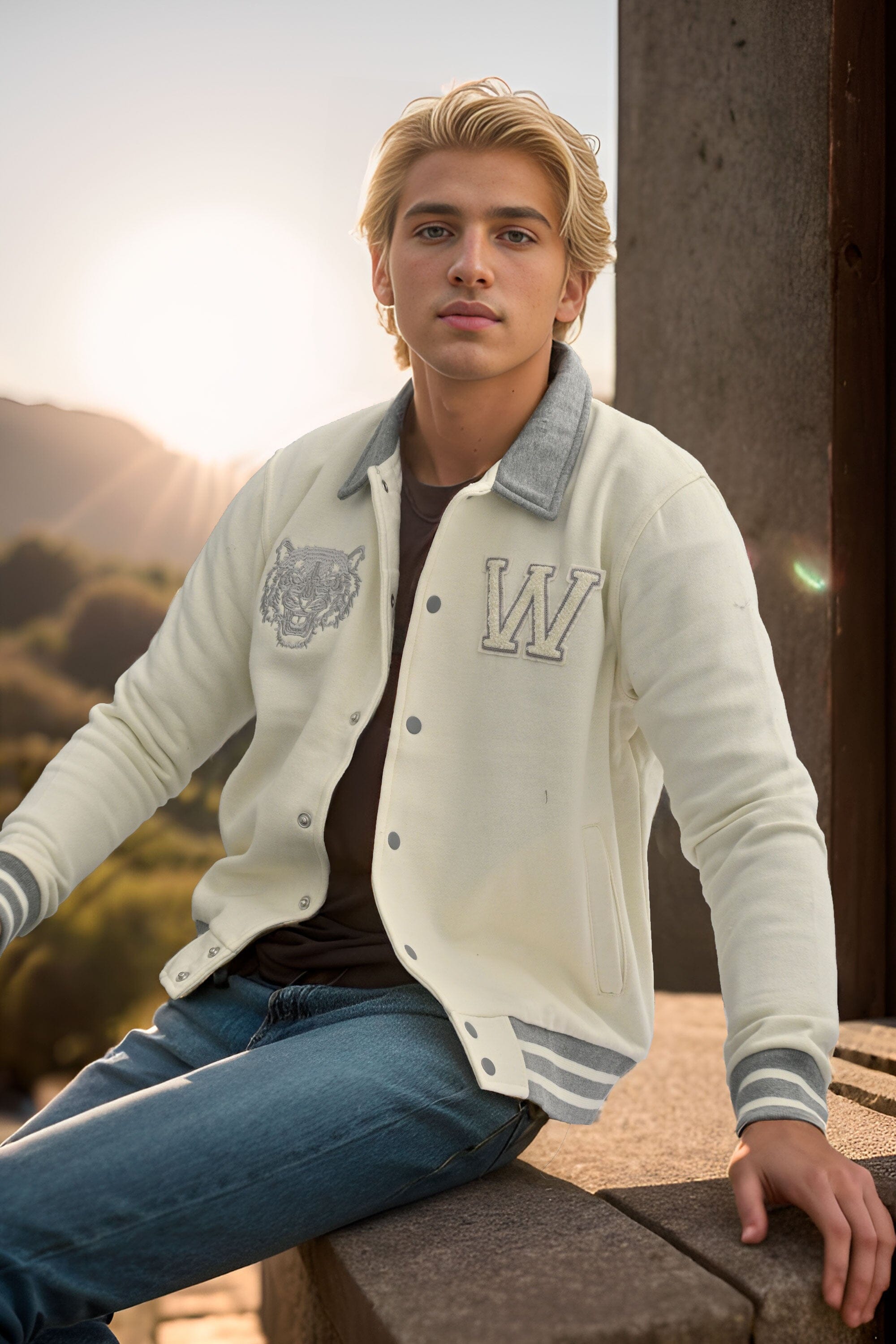 Primark Unisex Tiger Embroidered Reflective Stripes Baseball Varsity Fleece Jacket Men's Jacket HAS Apparel 