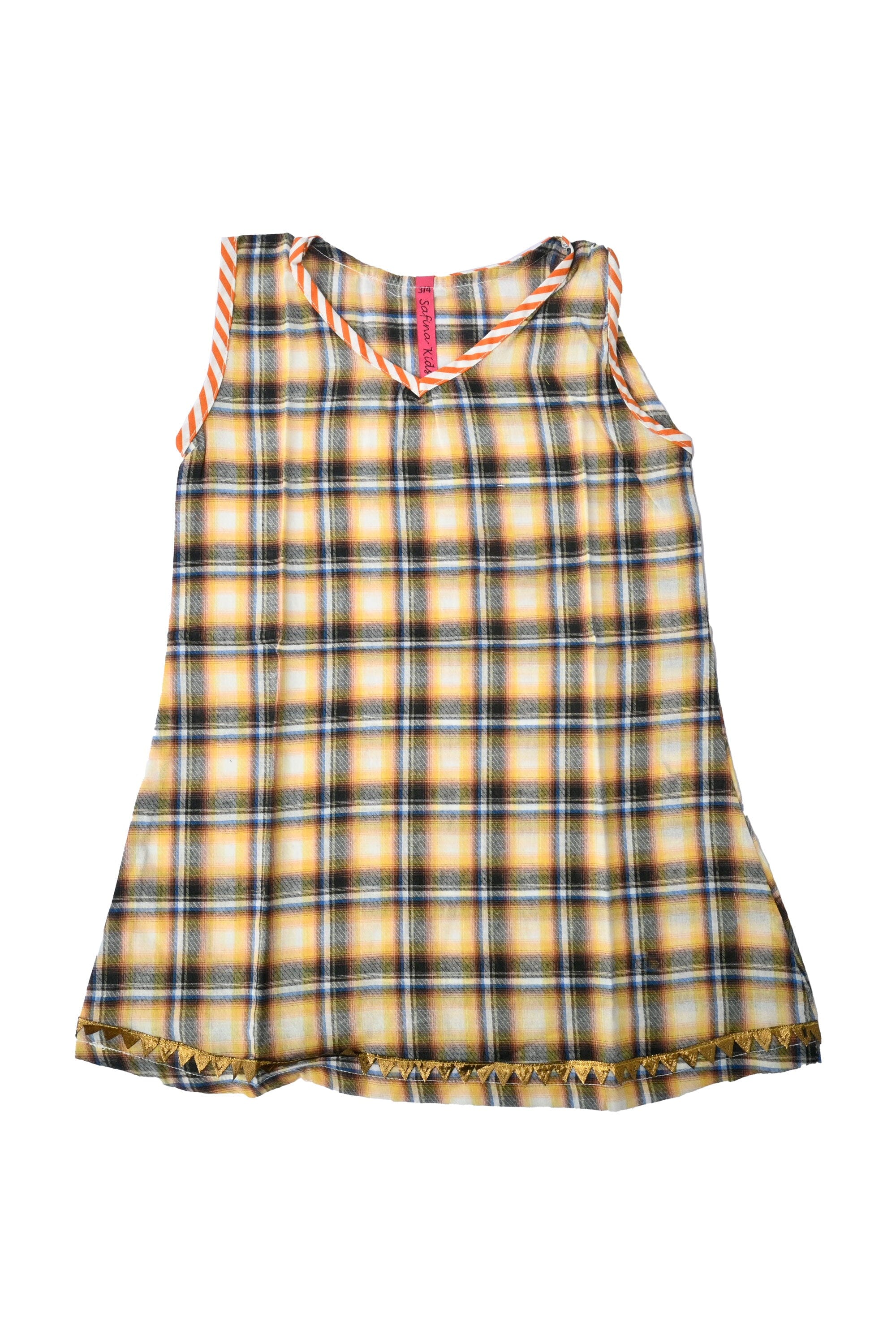 Safina Kid's Check Design V-Neck Sleeveless Frock Girl's Frock Bohotique Golden 2-3 Years 