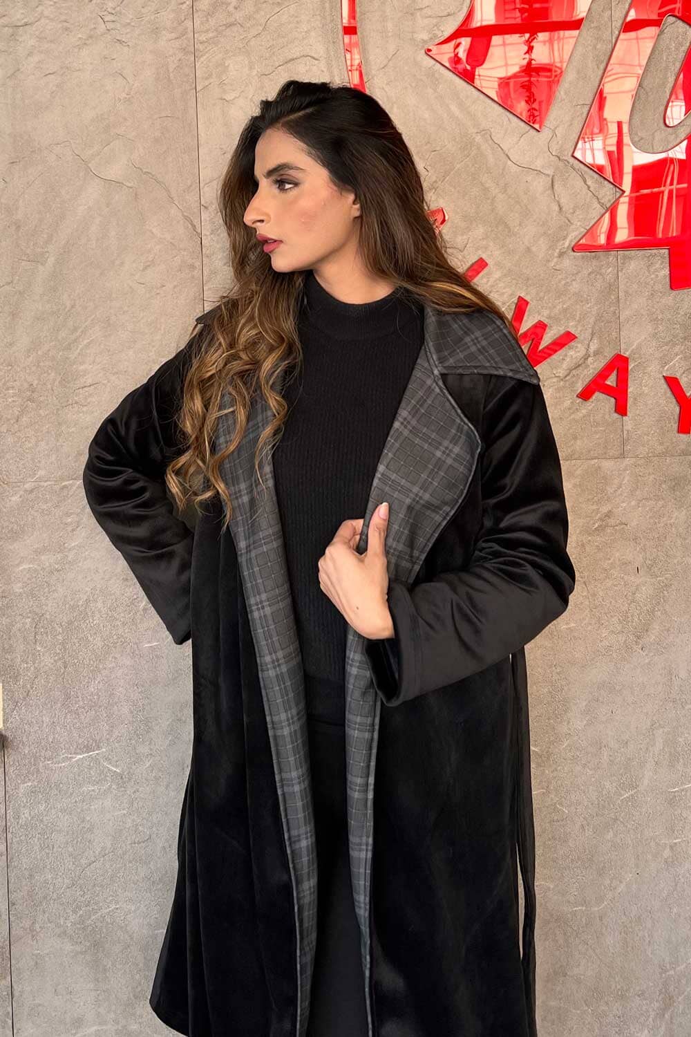 East West Women's Plaid Lined Wrap Coat