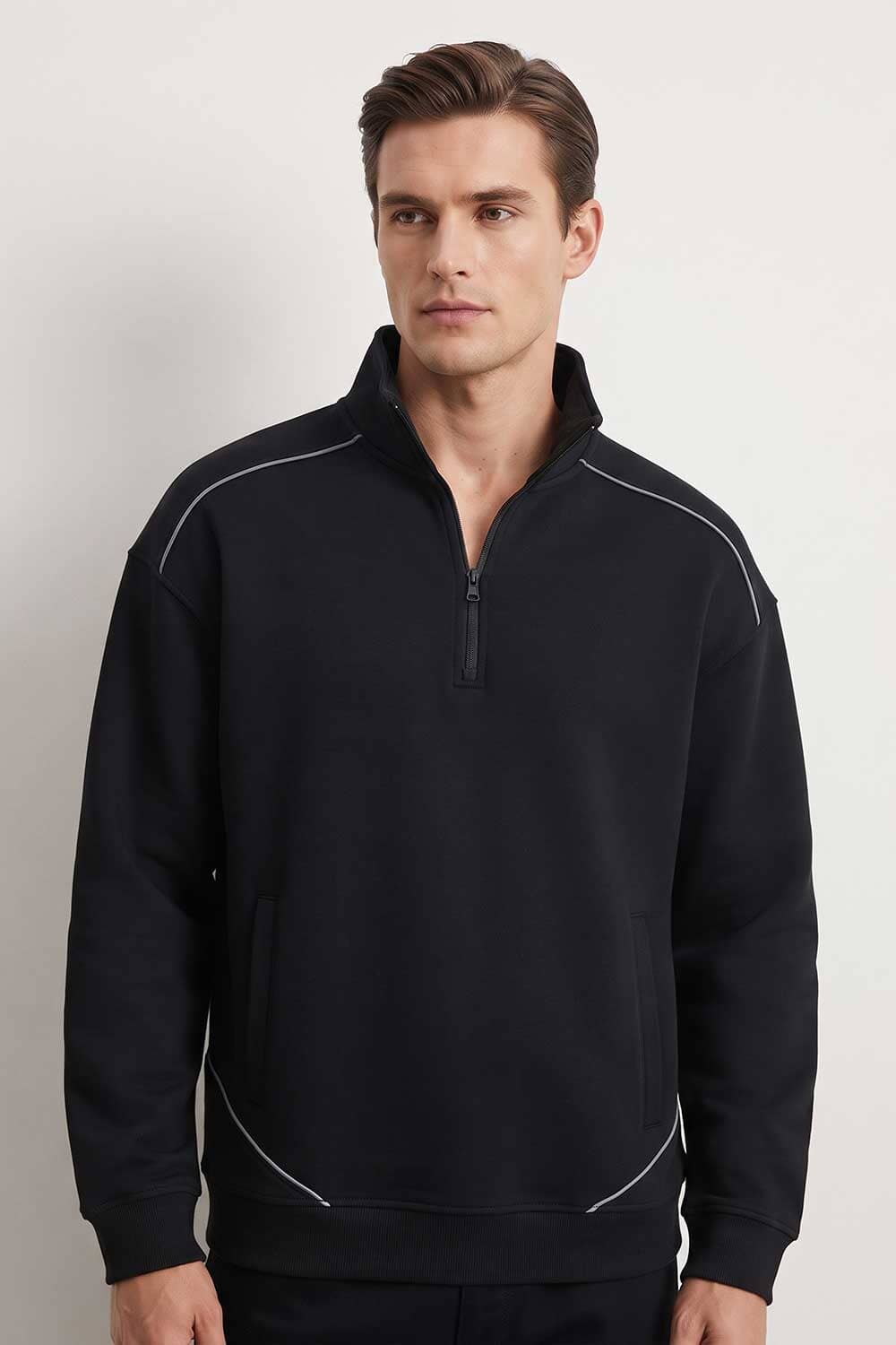 Men's Reflective Piping Quarter Zipper Fleece Sweat Shirt