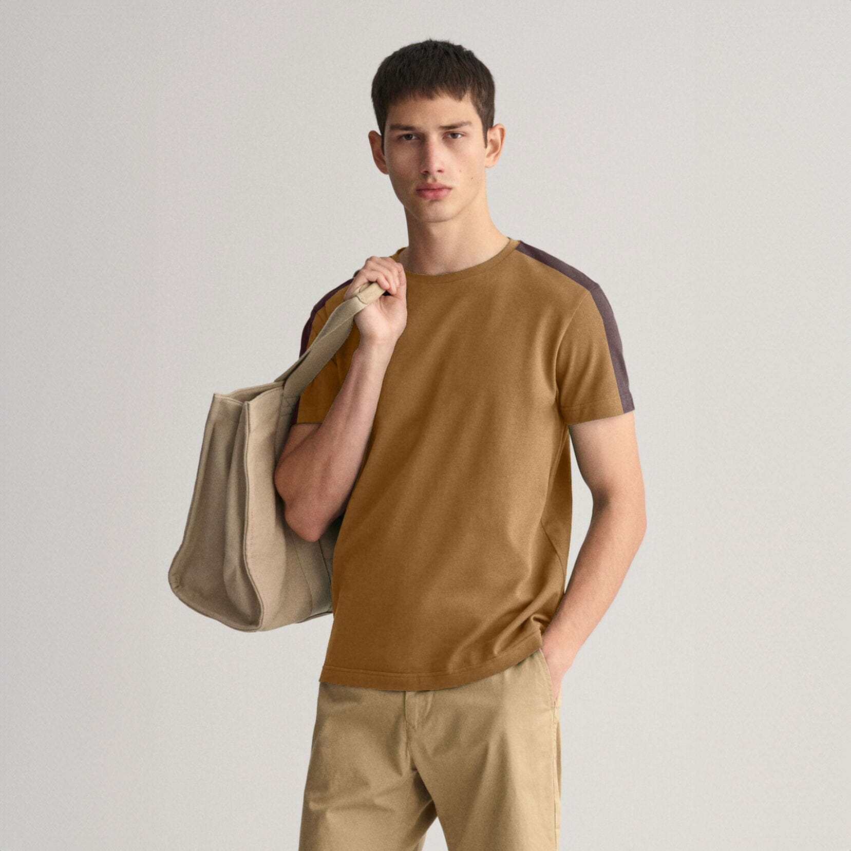 Men's Shoulder Stripes Style Crew Neck Tee Shirt Men's Tee Shirt IBT Mustard & Brown S 
