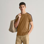 Men's Shoulder Stripes Style Crew Neck Tee Shirt Men's Tee Shirt IBT Mustard & Brown S 