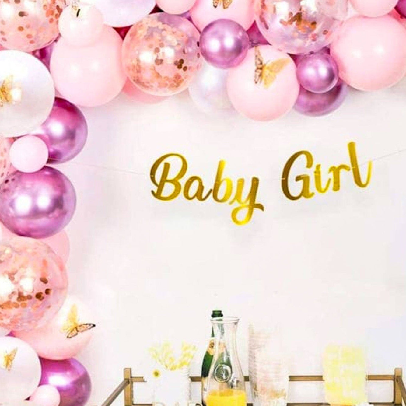 Baby Girl's Celebration Kit: Pink Balloons 🎈, Gold Butterflies 🦋 & 'Baby Girl' Banner 🏷️ Set
