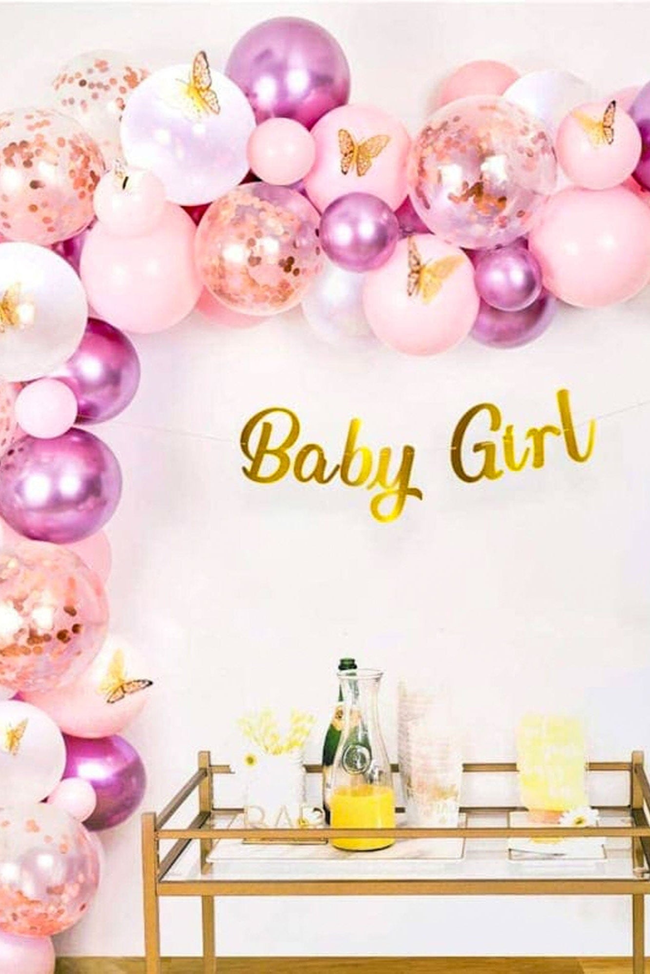 Baby Girl's Celebration Kit: Pink Balloons 🎈, Gold Butterflies 🦋 & 'Baby Girl' Banner 🏷️ Set