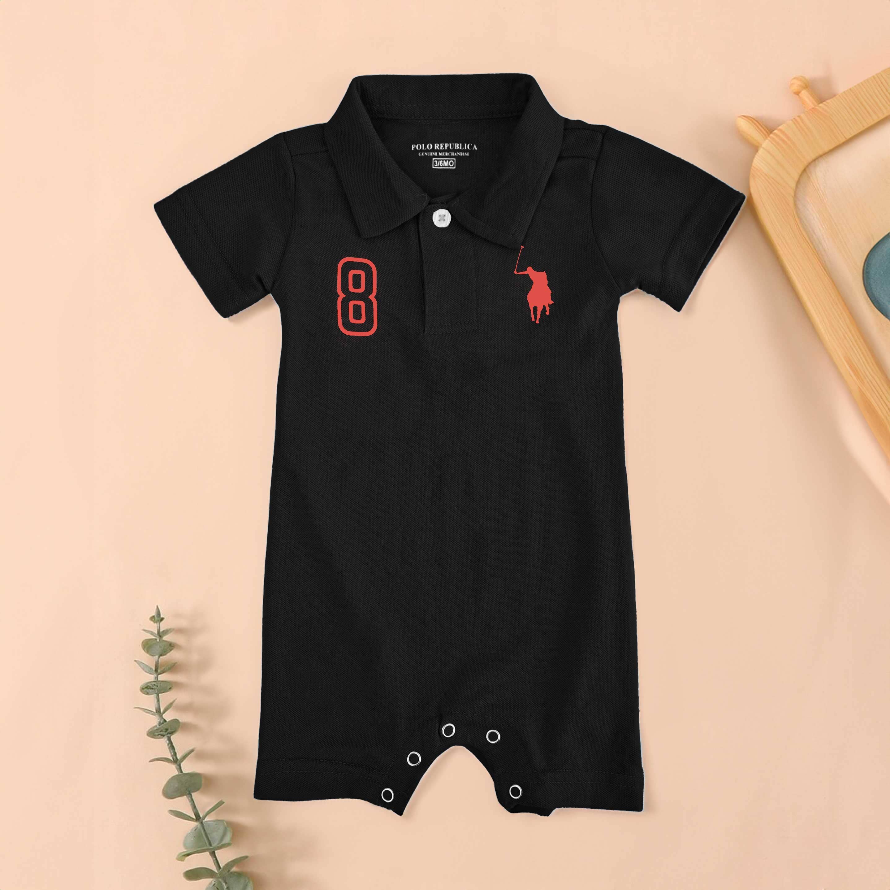 Polo Republica Signature Pony & 8 Printed Short Sleeve Baby Romper Romper Polo Republica Black 0-3 Months 