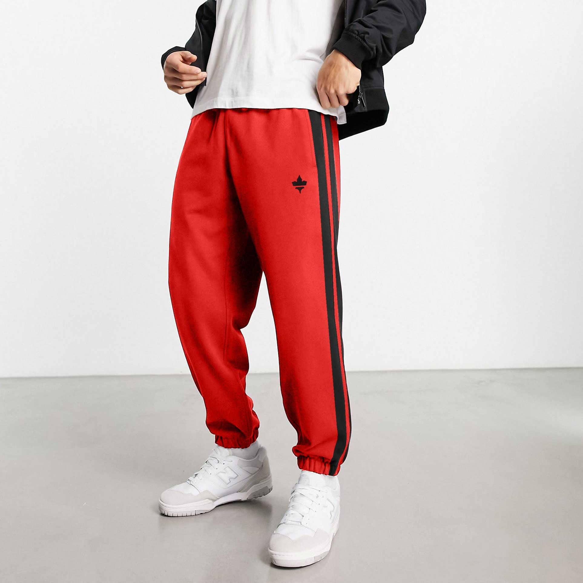 Polo Republica Men's Contrast Panel Maple Leaf Embroidered Fleece Trousers Men's Trousers Polo Republica Red & Black S 