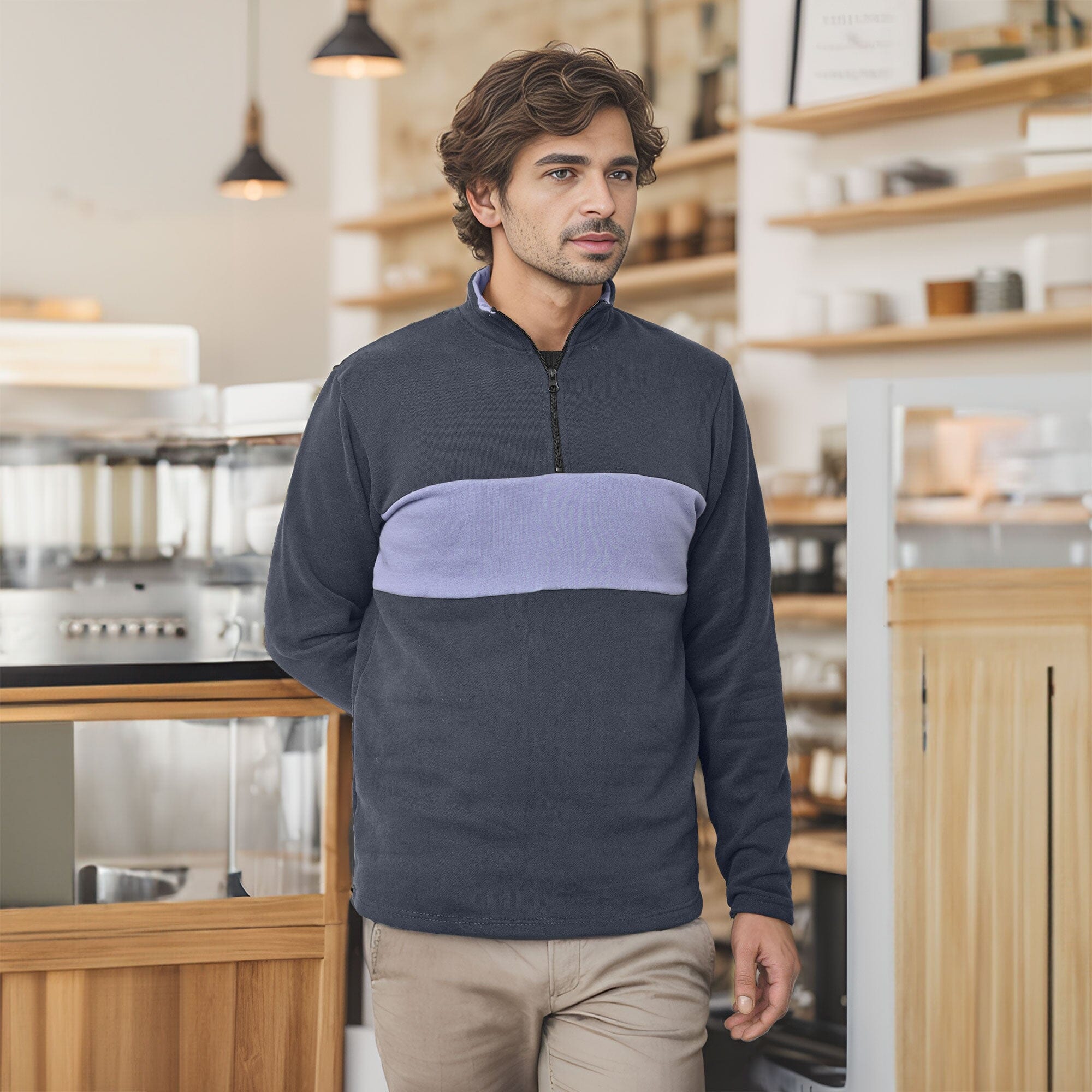 Max 21 Men's Contrast Panel Quarter Zipper Sweat Shirt Men's Sweat Shirt SZK Light Navy & Powder Blue S 