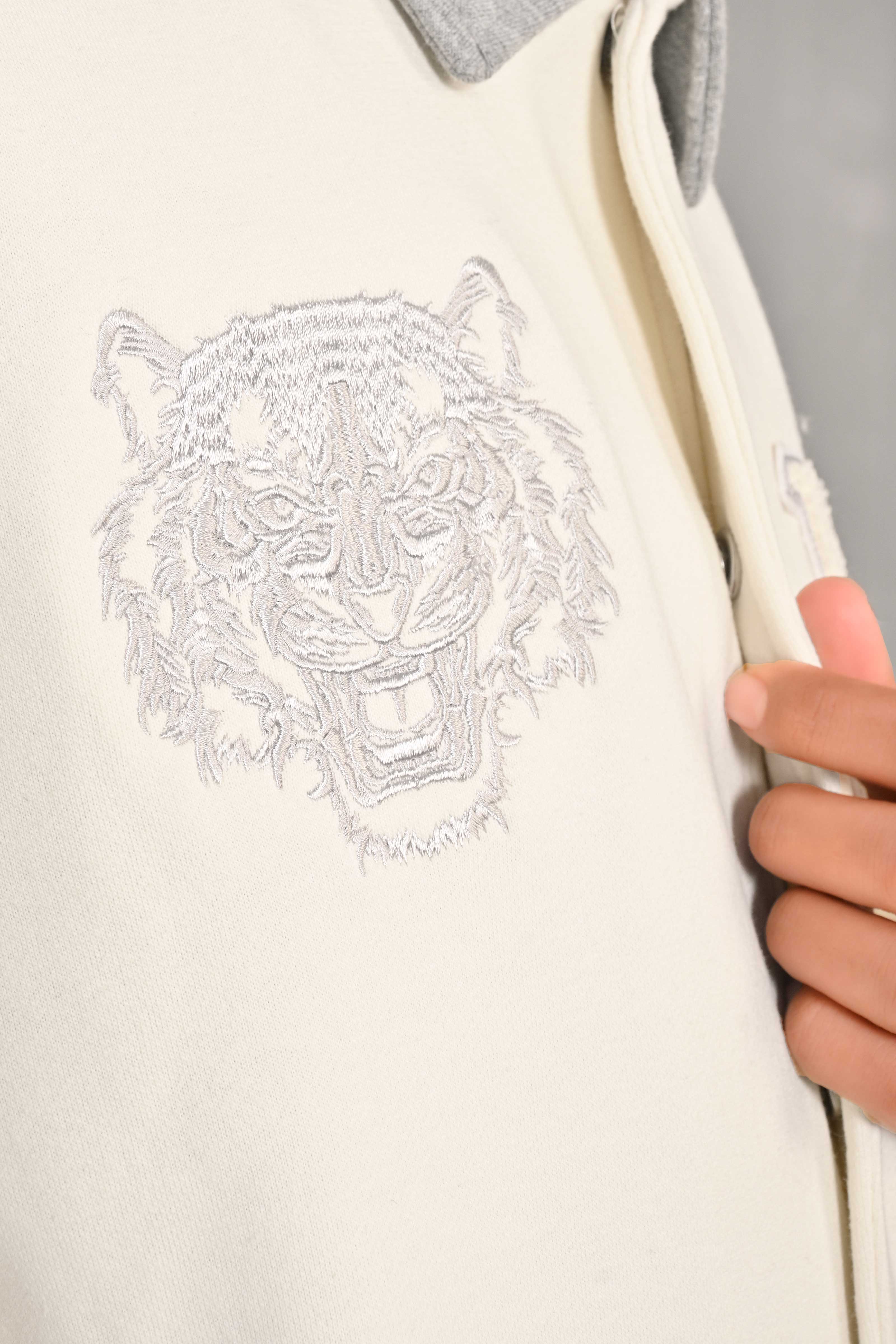 Primark Unisex Tiger Embroidered Reflective Stripes Baseball Varsity Fleece Jacket Men's Jacket HAS Apparel 