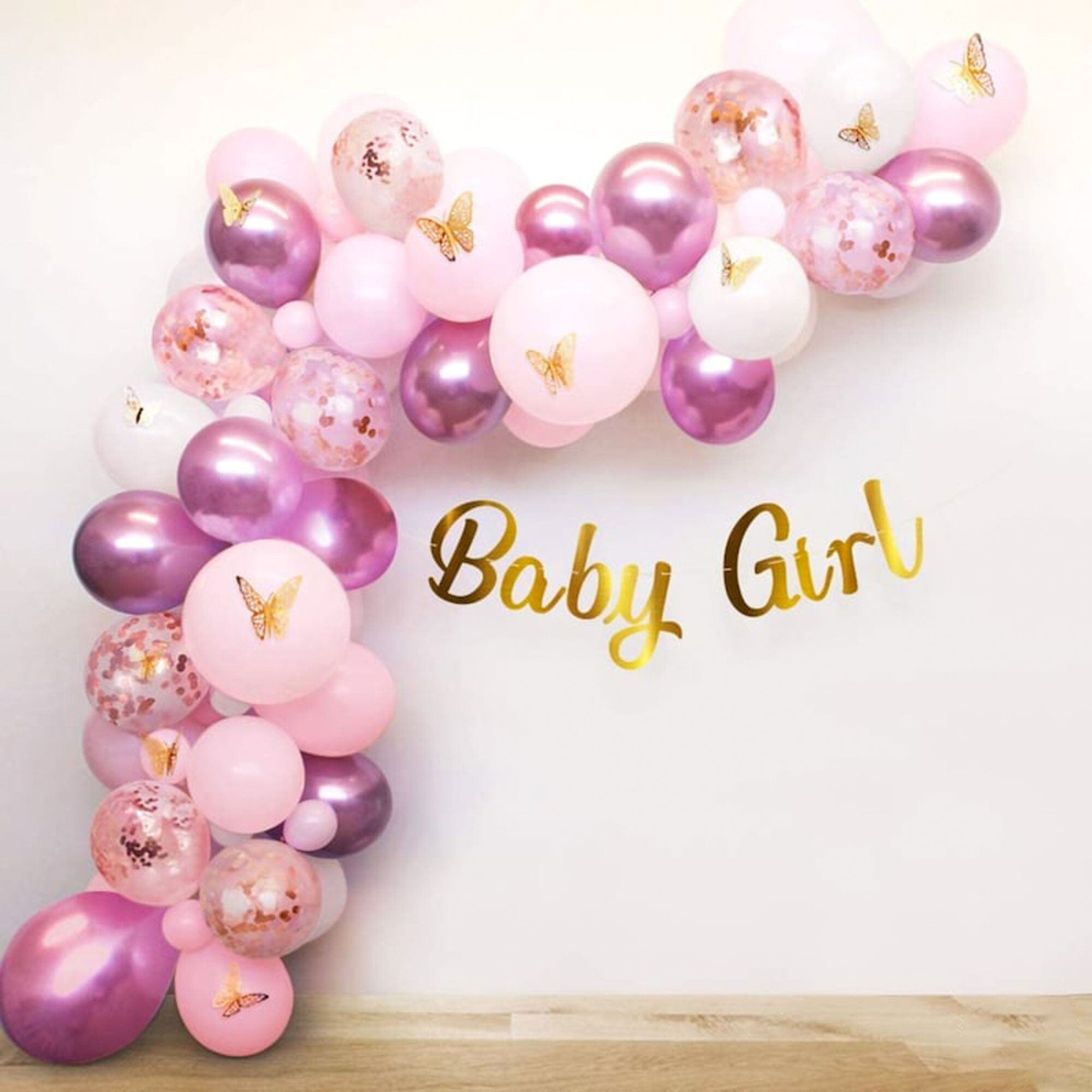 Baby Girl's Celebration Kit: Pink Balloons 🎈, Gold Butterflies 🦋 & 'Baby Girl' Banner 🏷️ Set