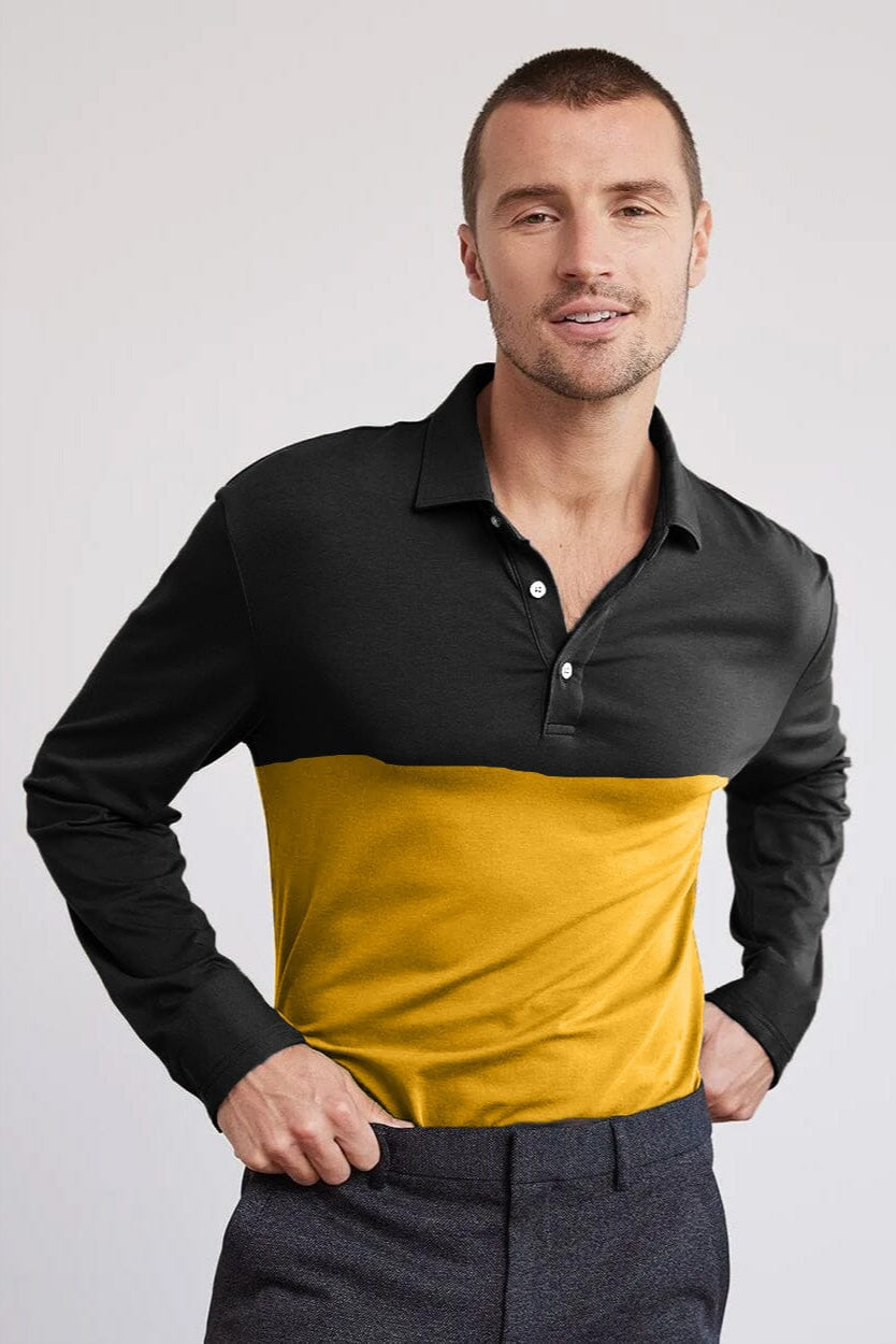 Men's Contrast Style Long Sleeve Polo Shirt Men's Polo Shirt IBT Yellow & Black S 