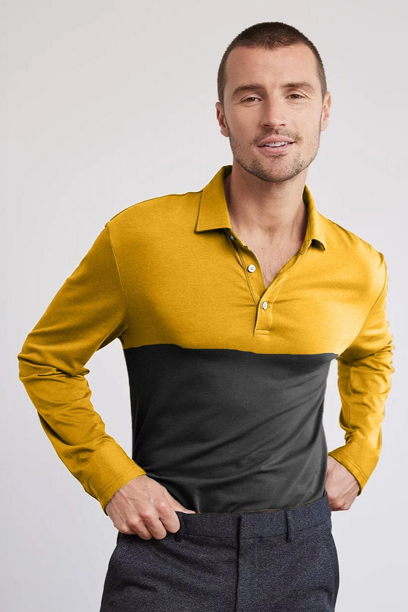 Men's Contrast Style Long Sleeve Polo Shirt Men's Polo Shirt IBT Black & Yellow S 